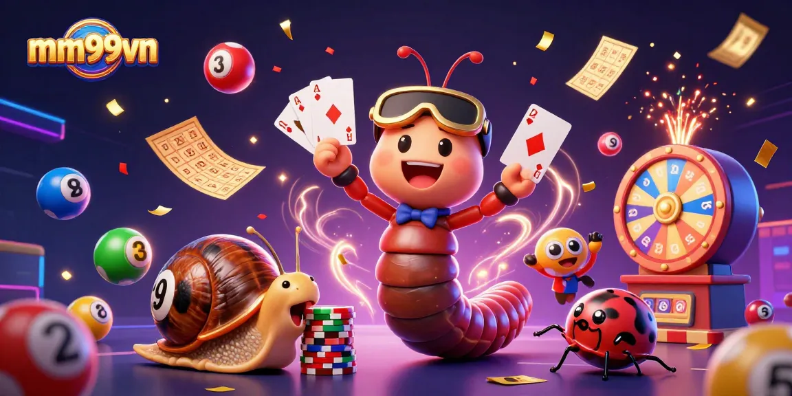 Engage with mm99vn as the dazzling cartoon millipede dealer showcases exciting games amidst colorful lottery elements.