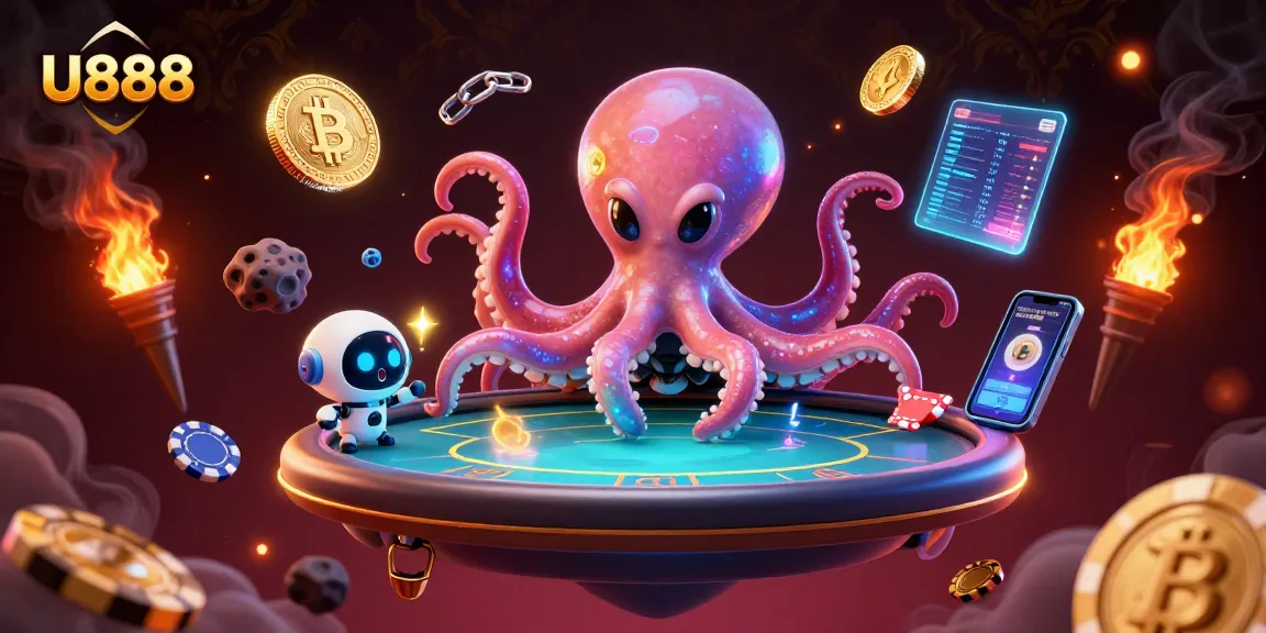Engage with U888 at holographic poker tables amidst floating cryptocurrency elements