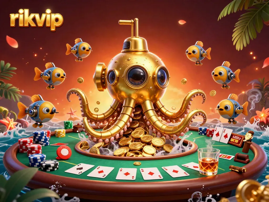 Engage in thrilling gameplay at rikvip through a vibrant 3D illustration featuring a golden kraken submarine and poker elements.