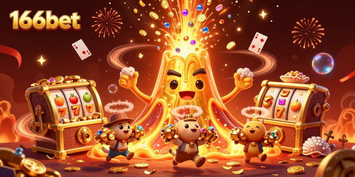 Engage with excitement at 166bet, featuring dazzling gold eruptions, slot reels, and treasure treasures!