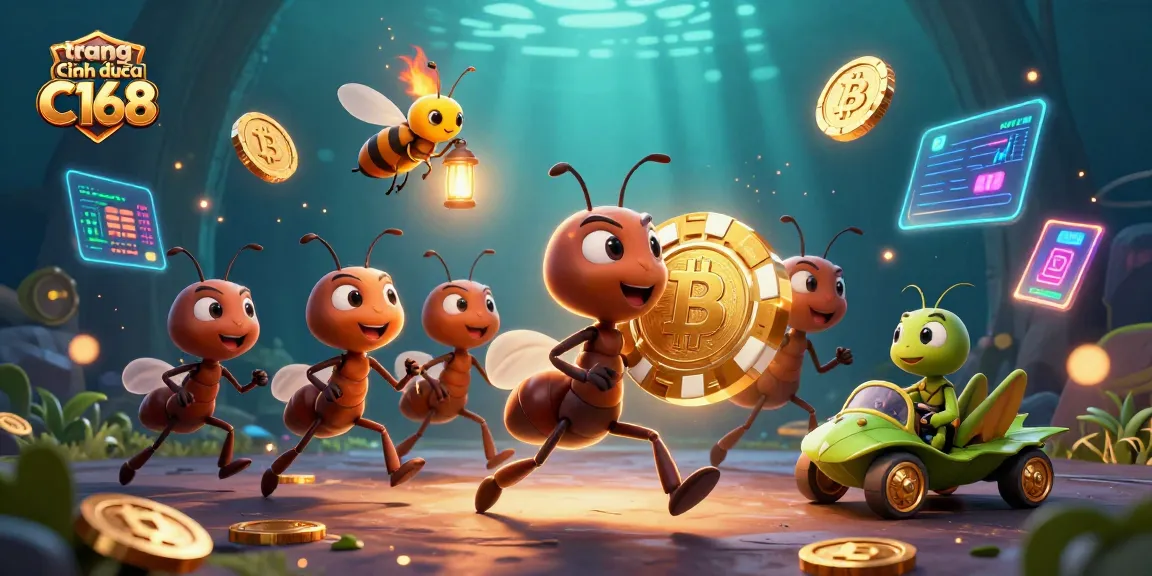 Ants execute a heist in an ultra-detailed illustration, showcasing trang chính thức C168 and dynamic casino elements.