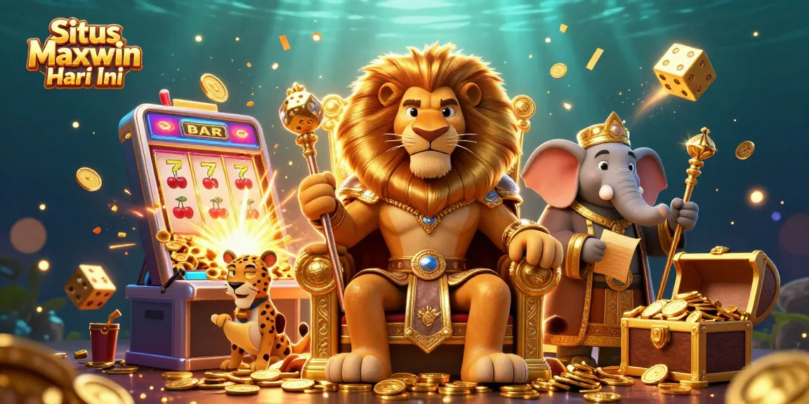 Situs Maxwin Hari Ini showcases a fierce lion king, vibrant slot machine, and dynamic casino elements.