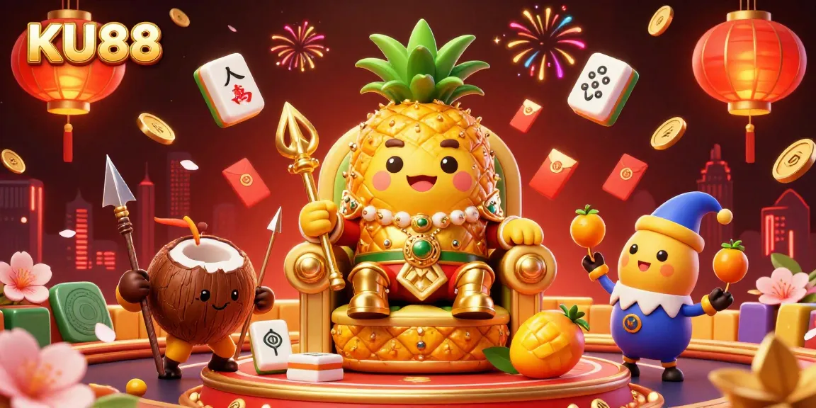 KU88's tropical casino scene features golden pineapple king, coconut bodyguards, and dynamic game elements.