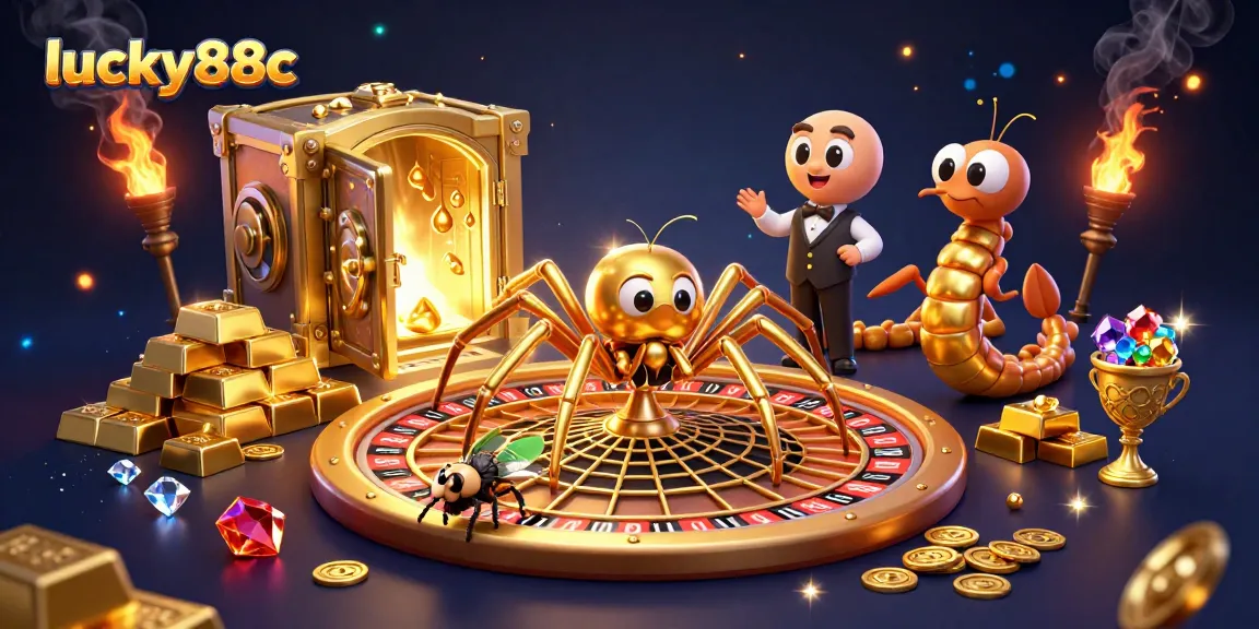 Engage with lucky88c as the golden spider spins a roulette web in a vibrant casino scene.