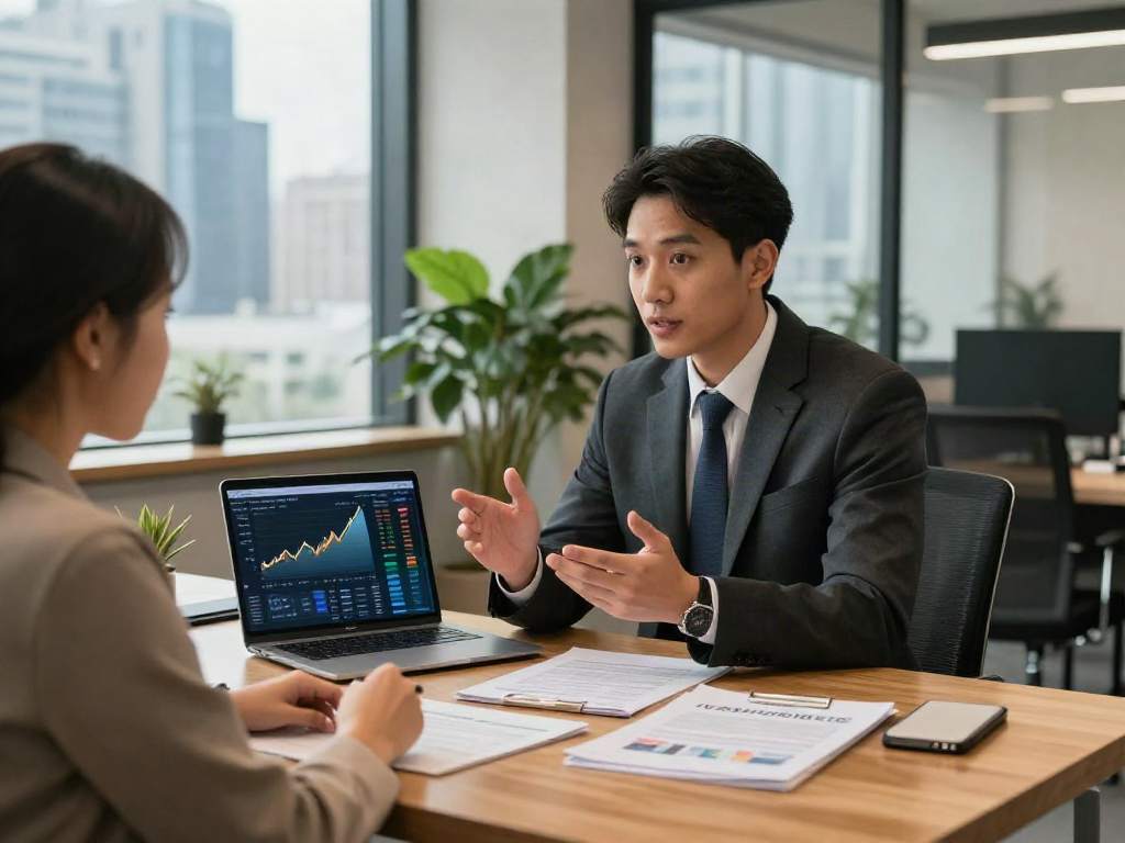 Client discussing investment strategies to deposit 10k in a modern office setting.