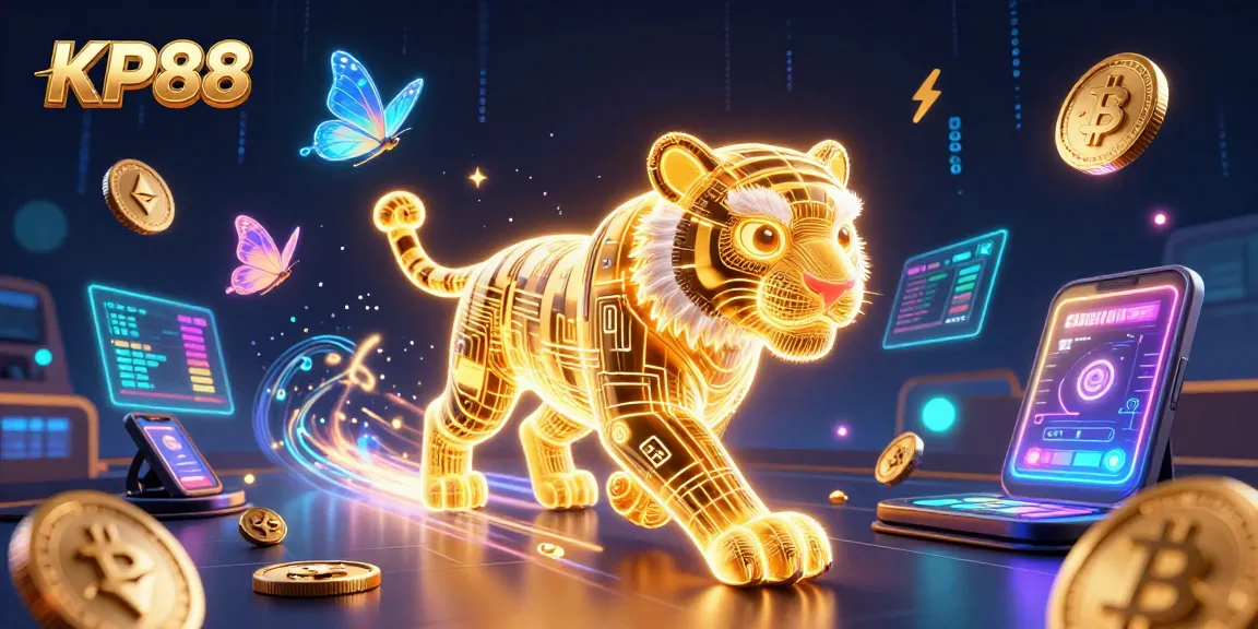 Engage in thrilling gaming at KP88, featuring a neon tiger in a vibrant digital casino.