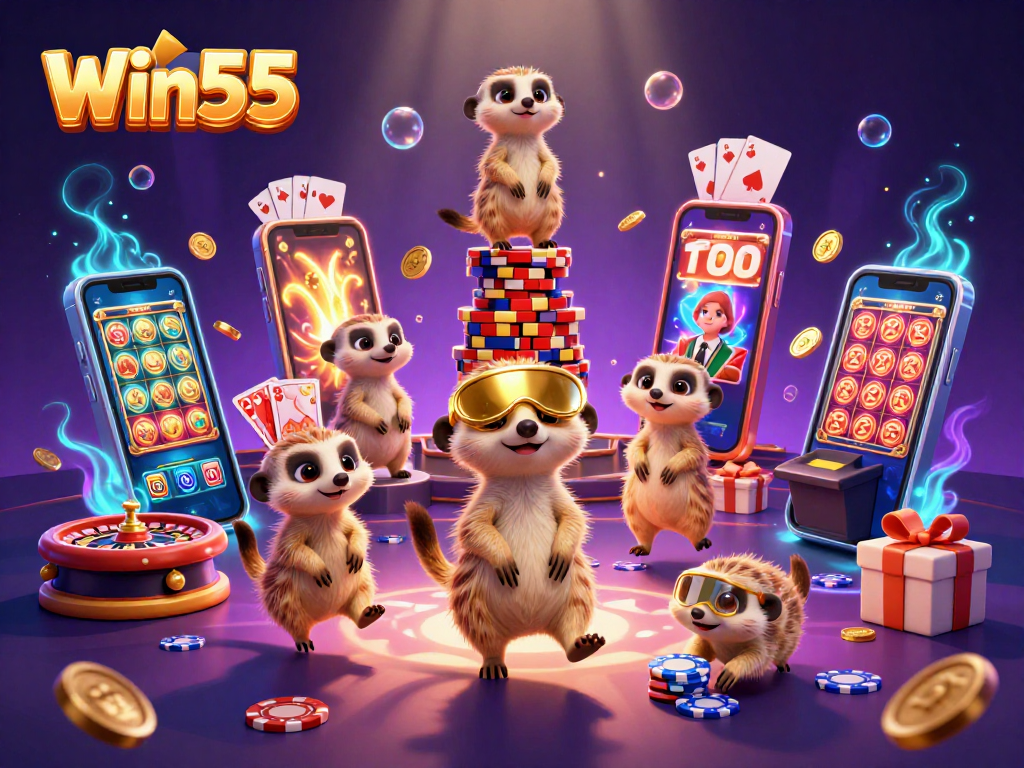 Win55 meerkats managing a vibrant casino scene with slot games and golden coins.