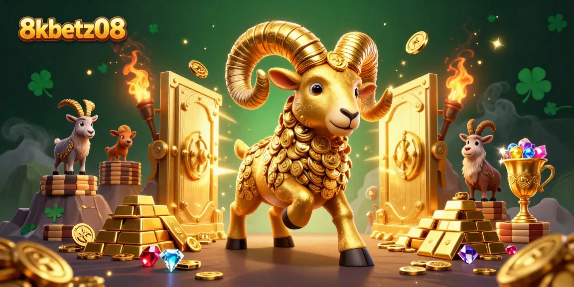 Experience thrilling slots with 8xbetz08, featuring a golden ram and treasure elements.