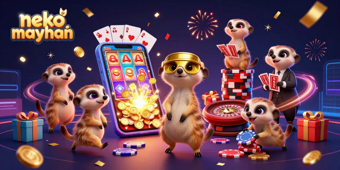 Neko may mắn: A lively meerkat casino scene showcasing dynamic slot game features and festive celebration.
