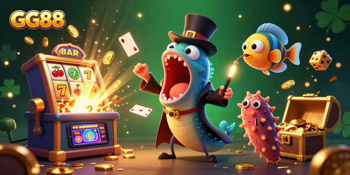 Experience the excitement of GG88 as a magical eel performs card tricks amidst a burst of coins and casino games.