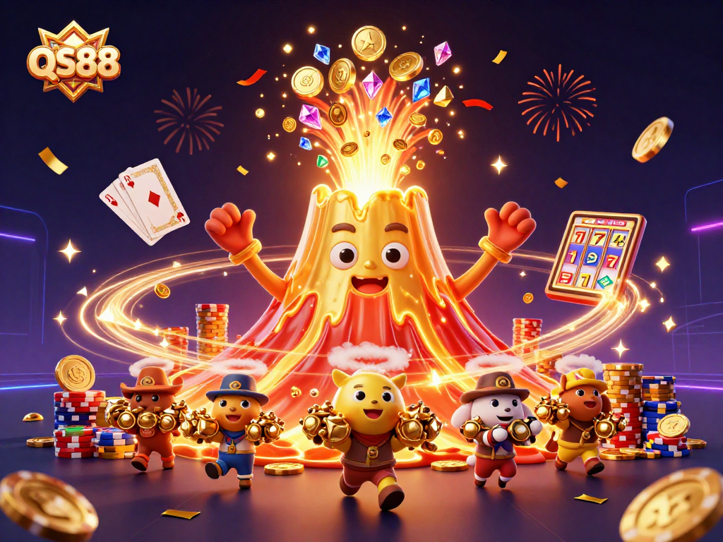 Experience exciting casino adventures with QS88 featuring a golden volcano, treasure, and celebratory effects.