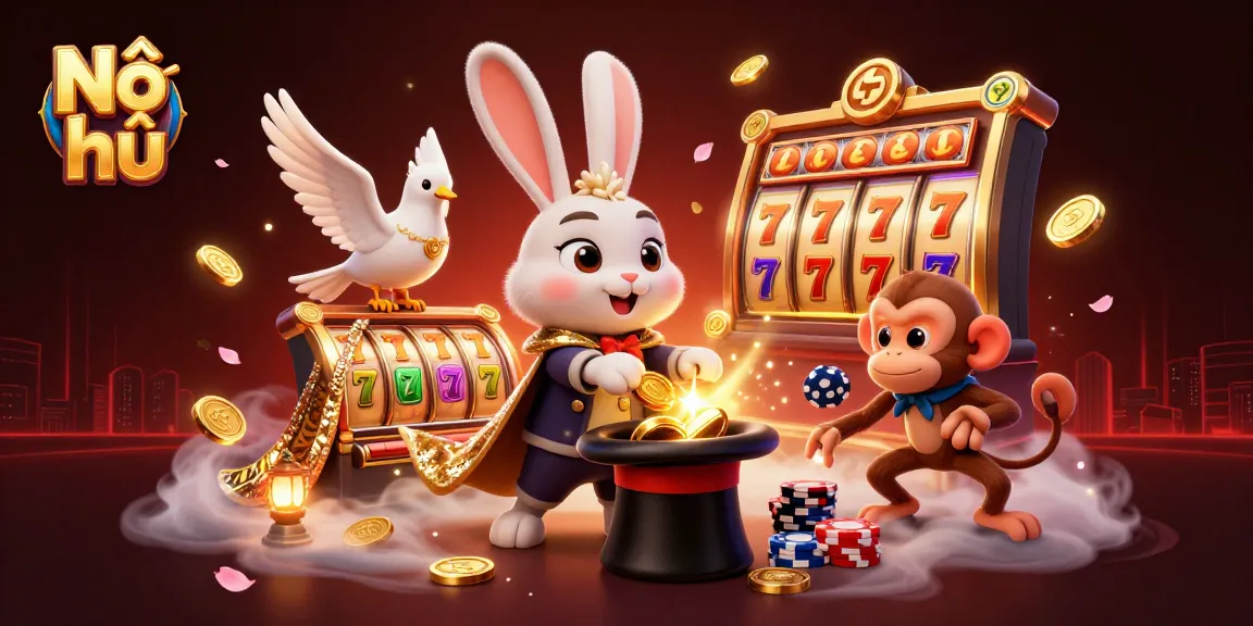 Enjoy an exciting scene of Nổ hũ with a magician rabbit, dove, and monkey amidst falling lucky 7s and jackpot symbols.