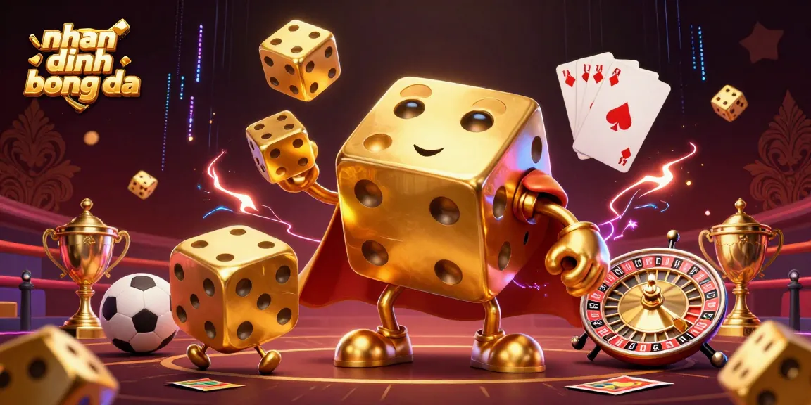 nhan dinh bong da showcases a vibrant scene with golden dice juggling, dynamic sports elements, and betting slips, promoting thrilling gaming.