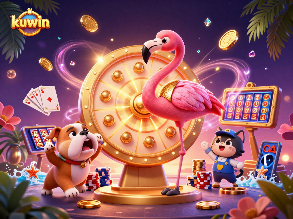 Engage in kuwin's exciting gaming atmosphere with a flamingo host and a lively bulldog contestant.