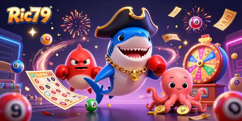 Experience fun with Ric79 through a lively gaming adventure with cartoon sea characters and celebratory elements.