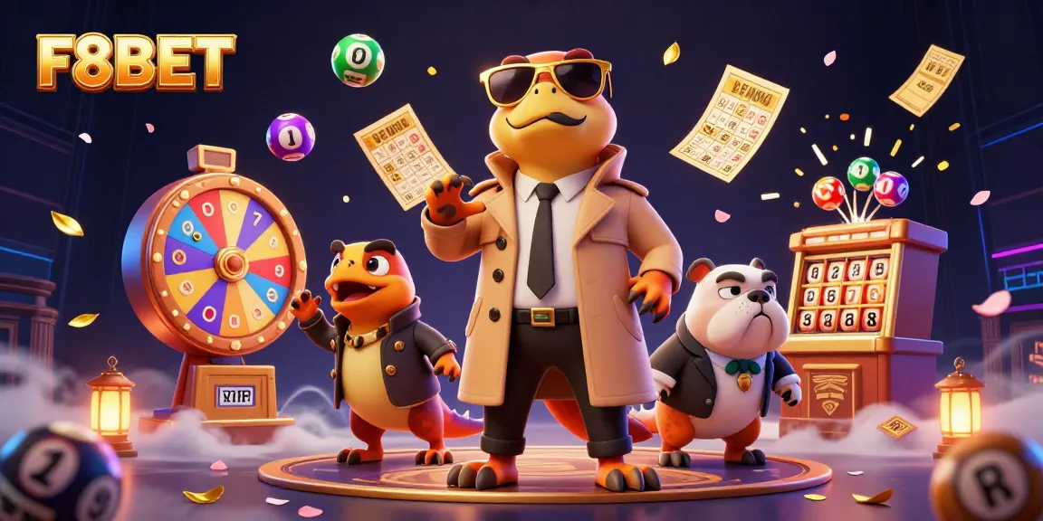 F8BET offers thrilling lottery experiences amidst colorful elements in a vibrant casino scene.