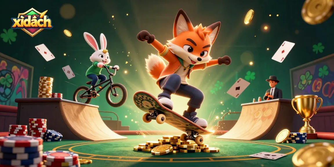 Xì dách scene featuring a skateboarder fox and BMX rabbit in dynamic casino setting.