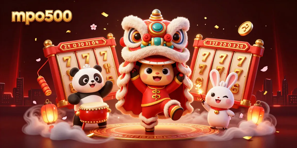 Experience the excitement of mpo500 with a vibrant lion dance and slot game celebration of wins.
