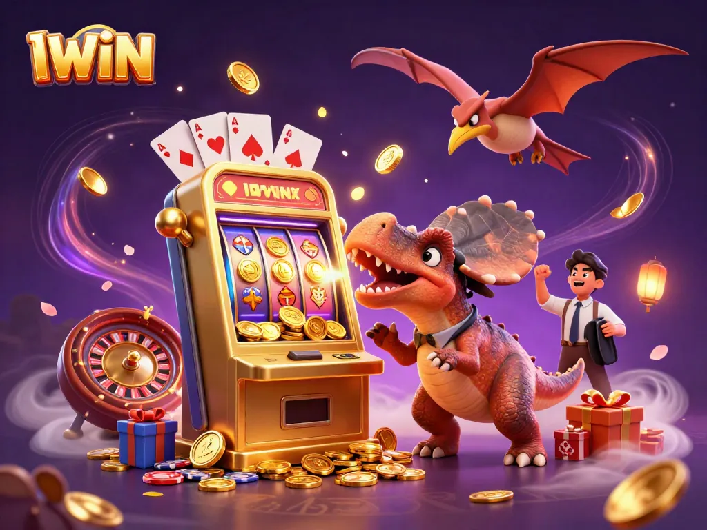 IWIN showcases a cartoon dinosaur headbutting a slot machine for a jackpot, amidst vibrant casino visuals.