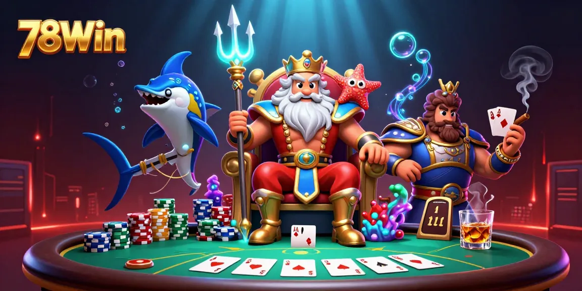 78Win card players engage in a thrilling poker showdown with vibrant underwater elements and shiny casino details.