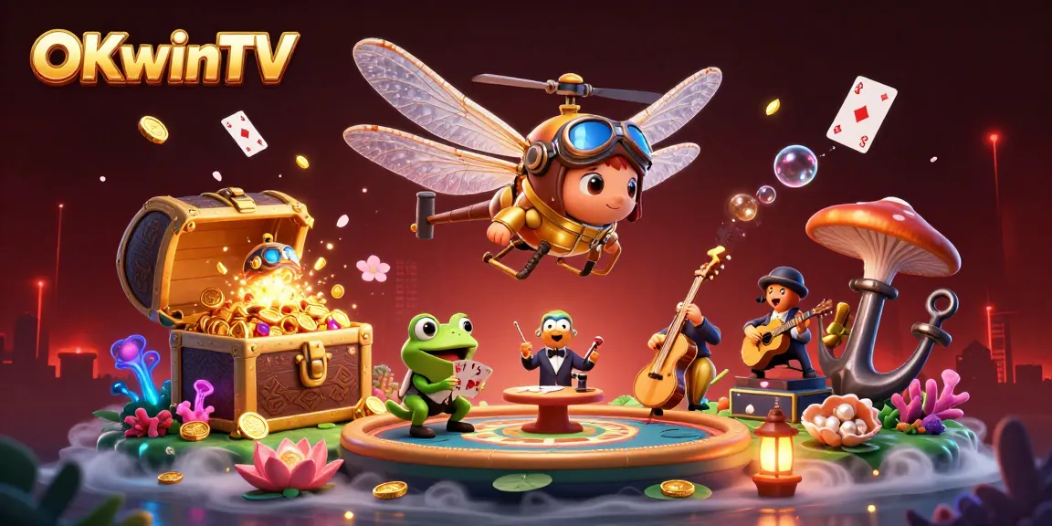 Experience thrilling gaming with OKwinTV in this vibrant 3D illustration depicting casino action.