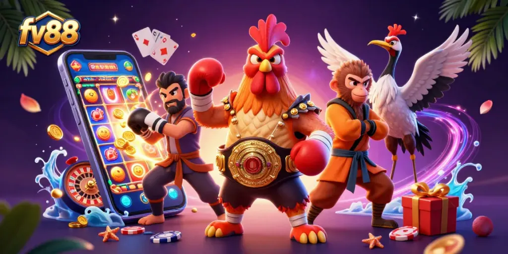 Engage in thrilling gameplay with fv88, featuring exciting characters and colorful casino elements.