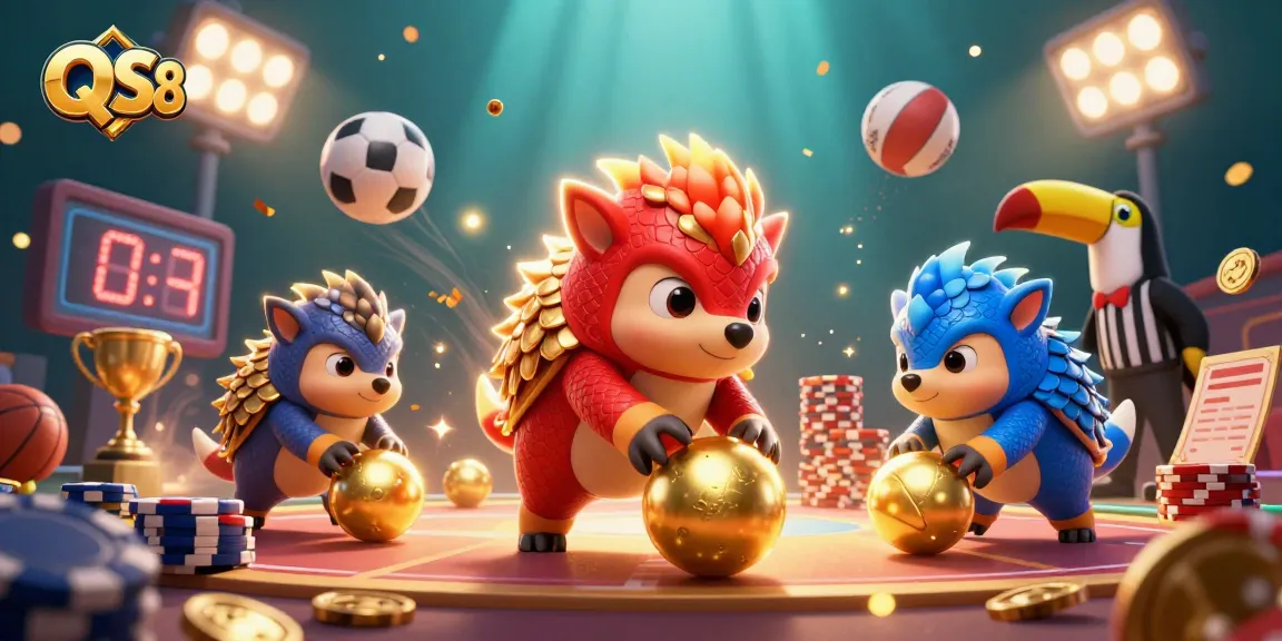 Experience QS88's thrilling casino adventure with pangolins bowling chips, vibrant sports balls, and sparkling gold elements.
