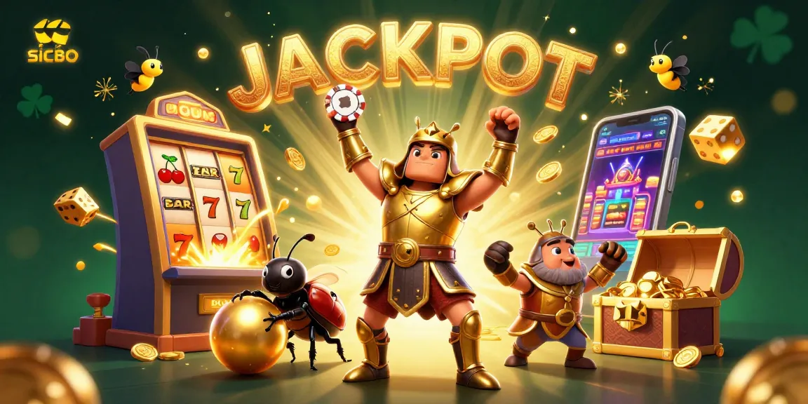 Experience the thrilling sicbo action with a 3D cartoon scene featuring golden armored beetles and a jackpot explosion.
