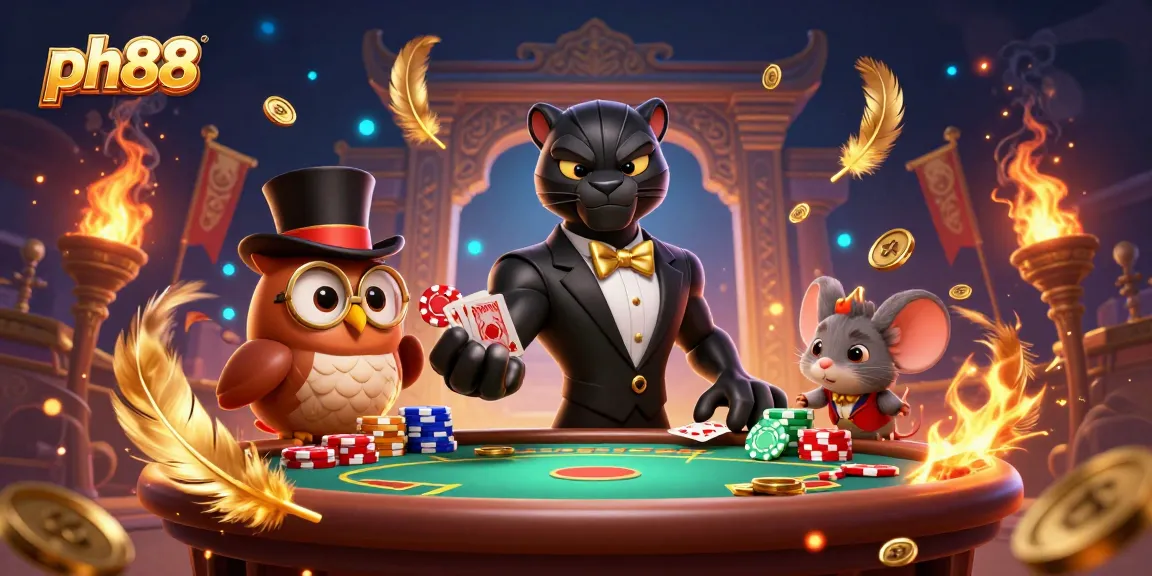 thrive at ph88 with a stylish panther dealer, owl, and lucky mouse in a vibrant casino setting