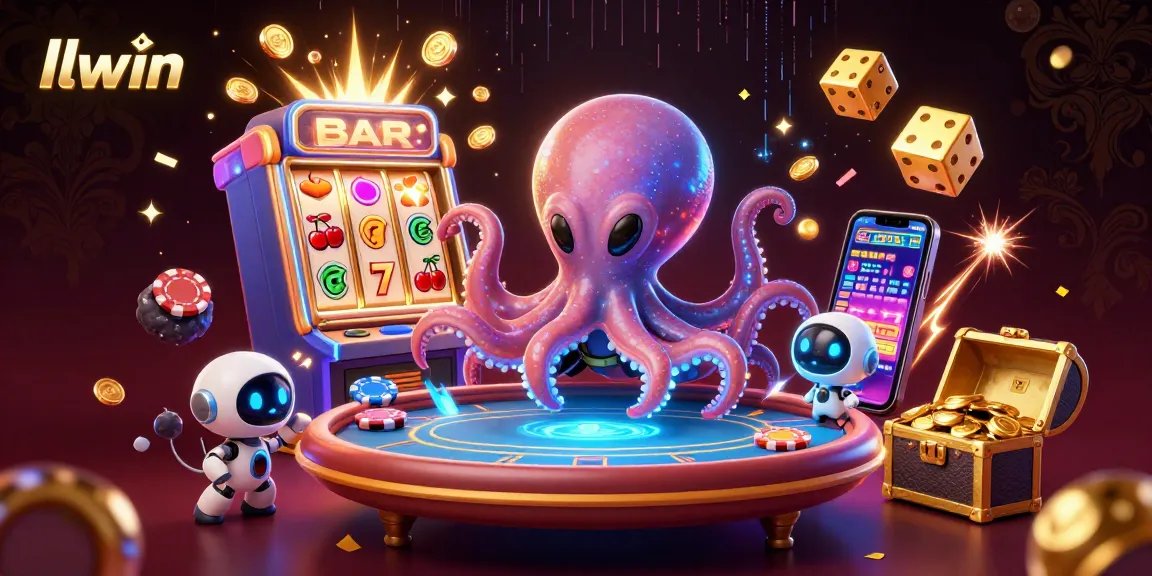 Engage with llwin's thrilling casino experience as a cartoon alien octopus operates a poker table in a vibrant gambling scene.