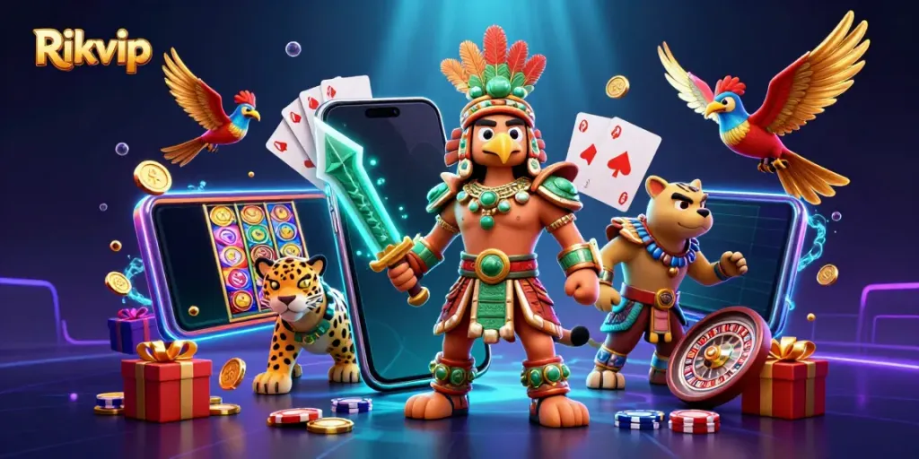 Play dynamic slot games with Rikvip's colorful gaming scene featuring engaging characters and vibrant effects.