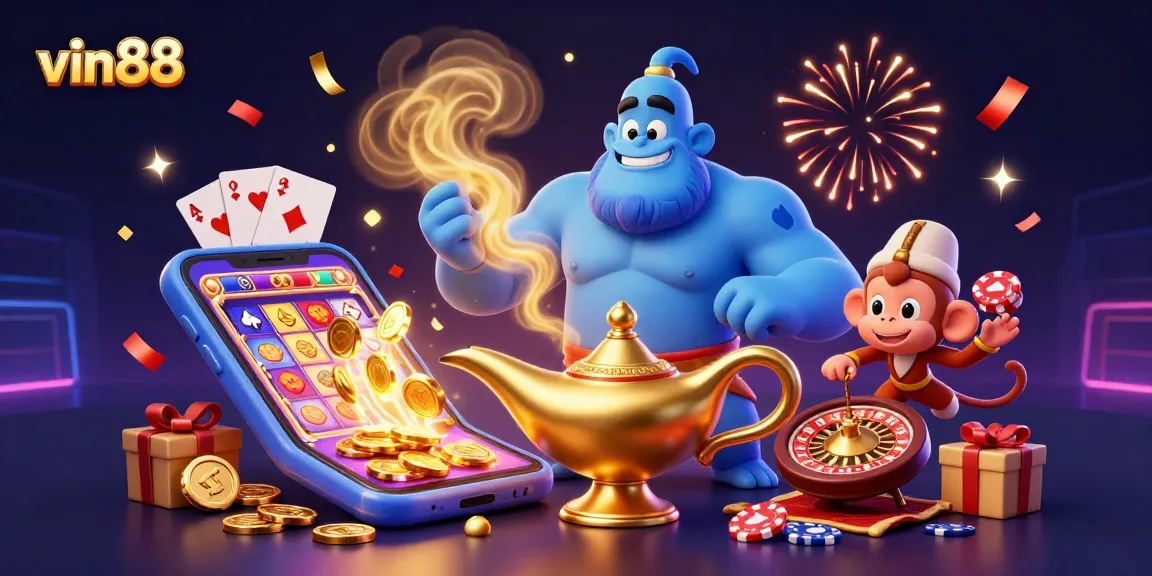 Experience thrilling gameplay at vin88 with a magical genie, monkey, and colorful slot game elements.