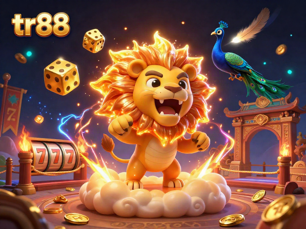 Win big with tr88 in this vibrant casino scene featuring a roaring lion and dynamic game elements.