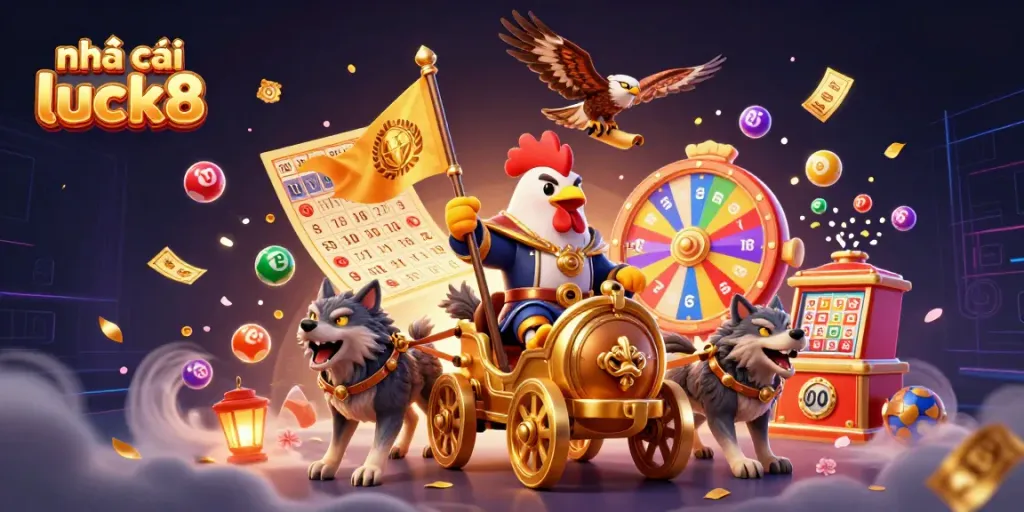 Experience Nhà cái luck8 with dynamic game elements and vibrant designs in this engaging casino illustration.