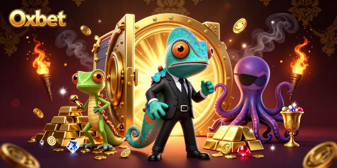 Experience the excitement of Oxbet with a thrilling casino illustration showcasing daring characters and bountiful gold treasures.