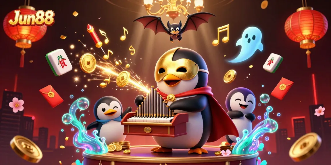 Experience Jun88’s thrilling casino games with this vibrant 3D illustration featuring a cartoon penguin playing an organ of coins.