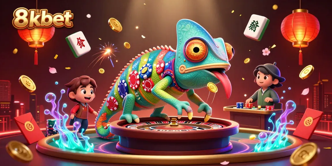 8xbet offers thrilling casino experiences with a colorful chameleon casino owner surrounded by vibrant gaming elements.