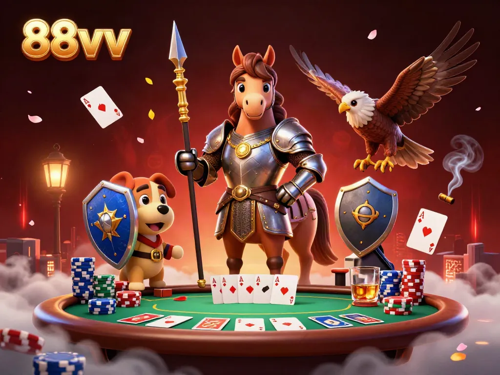 Experience the thrill of 88vv with a medieval knight, squire puppy, and falcon in an exciting casino scene.