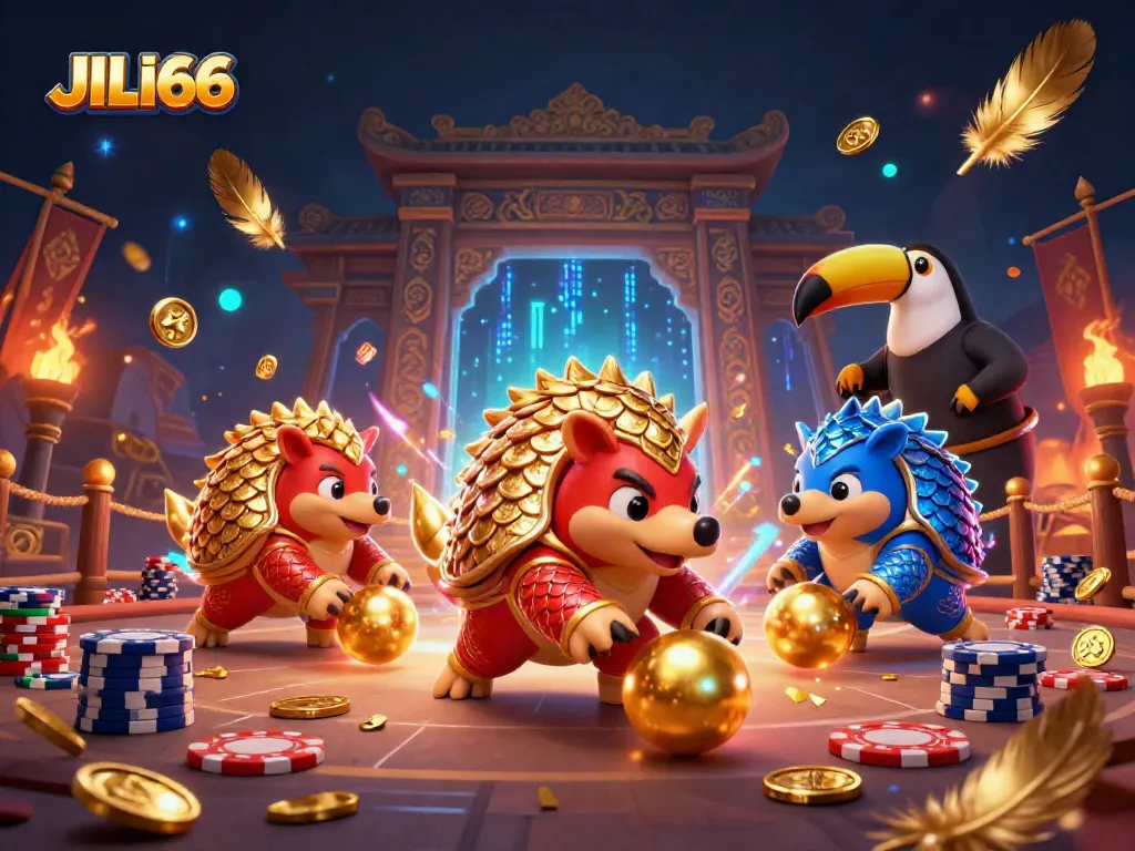 JILI66 showcases rival pangolins competing in a vibrant casino scene with golden chips, embodying excitement.