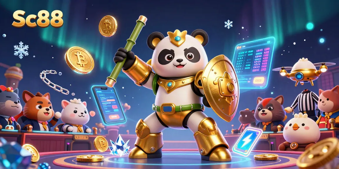 Experience Sc88's vibrant casino action with golden panda pilot and crypto elements.