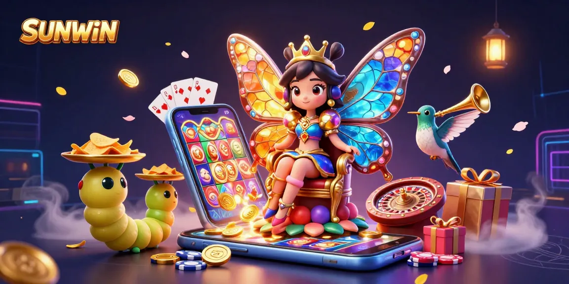 SUNWIN casino game experience with vibrant butterfly queen and dynamic slot elements.