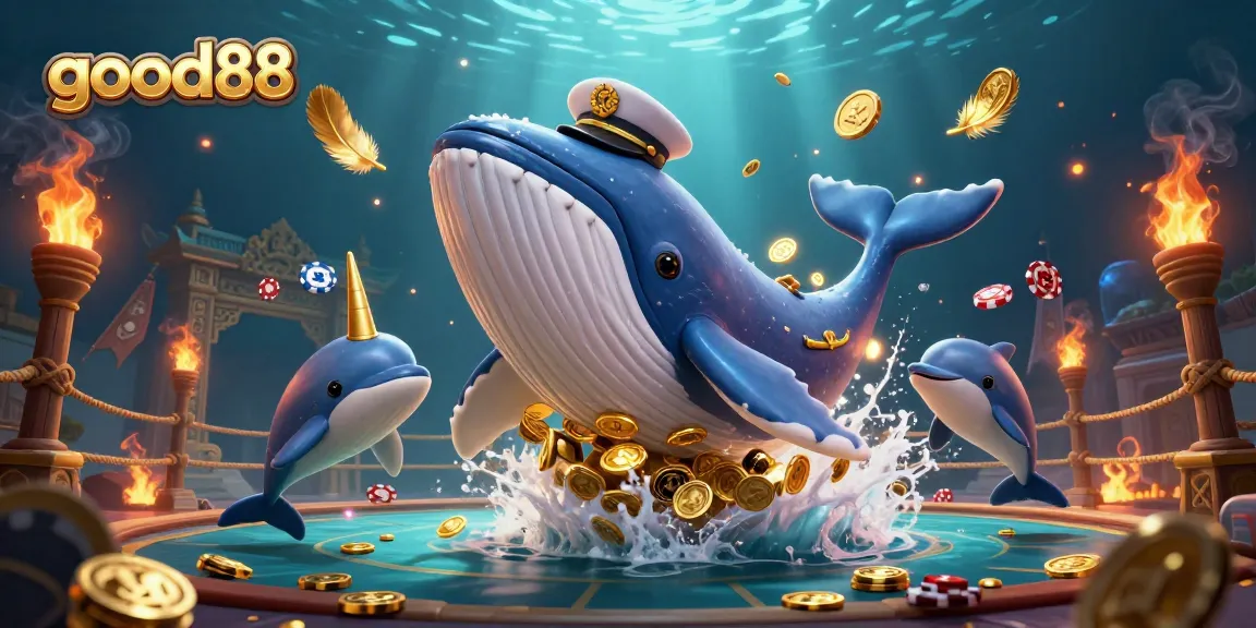 Experience the excitement of good88 with a whimsical 3D digital illustration of a whale and aquatic friends amidst a sea of gambling treasures.