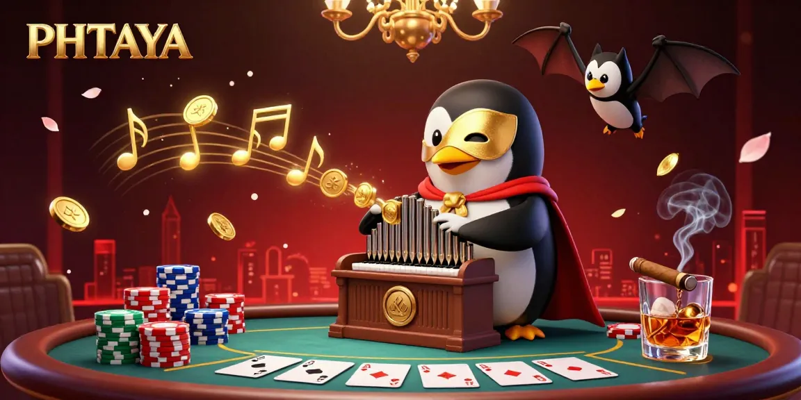 PHTAYA offers a captivating casino scene featuring an acrobatic bat and a penguin playing golden pipes in a vibrant poker atmosphere.