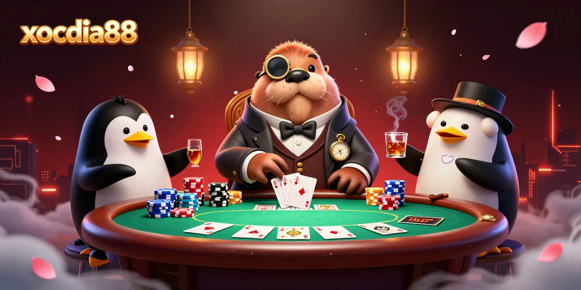 Xocdia88 reveals excitement as a walrus and dealer engage at a poker table.