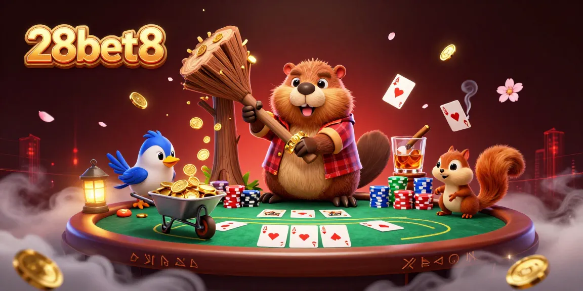 Collect coins with 28bet8 while enjoying a vibrant casino scene with iconic poker elements.