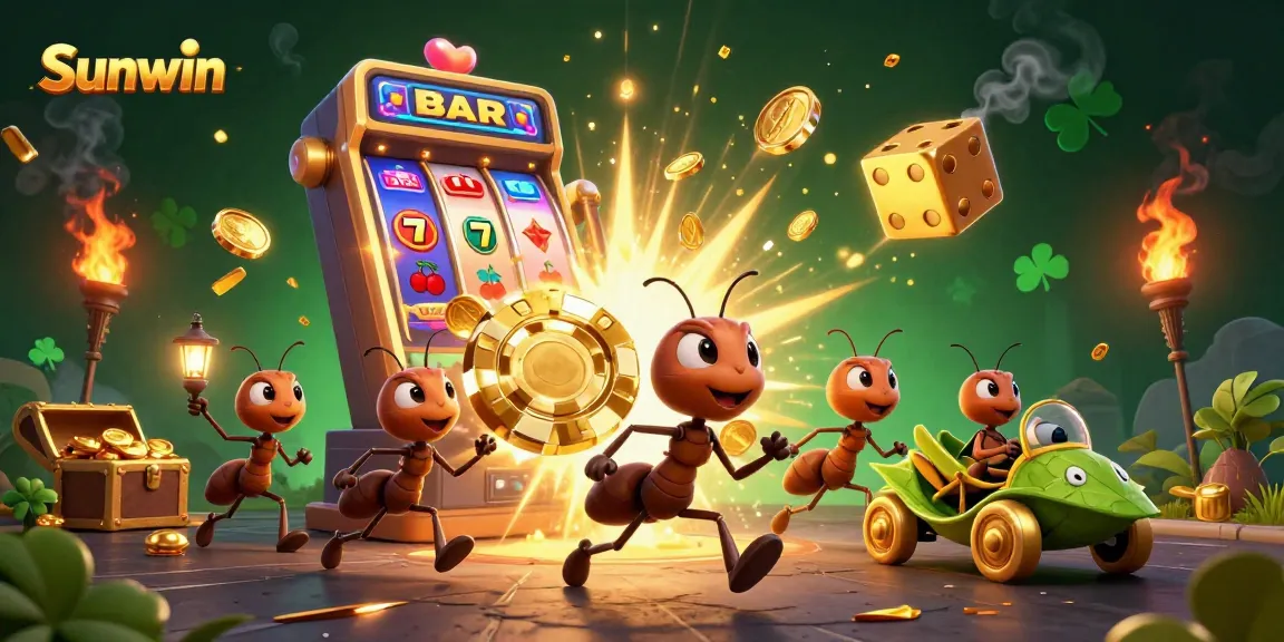 Experience thrilling adventures at Sunwin as cartoon ants steal a giant poker chip amidst vibrant casino elements.