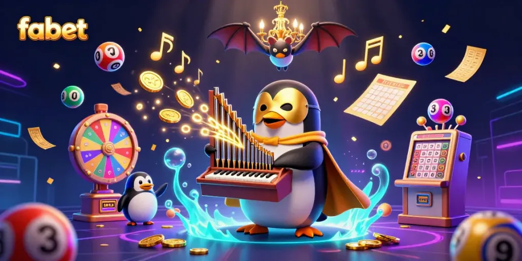 Experience thrilling gambling action with fabet in this vibrant 3D casino scene featuring a penguin and dynamic elements.