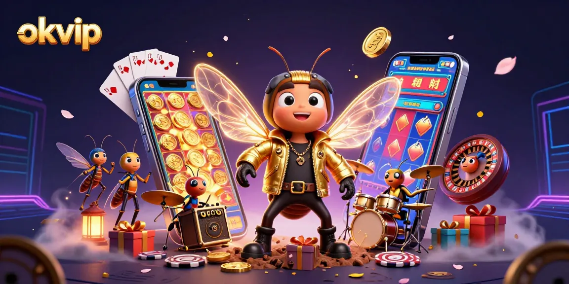 Experience the excitement of okvip with a vibrant 3D illustration showcasing casino elements and dynamic characters.