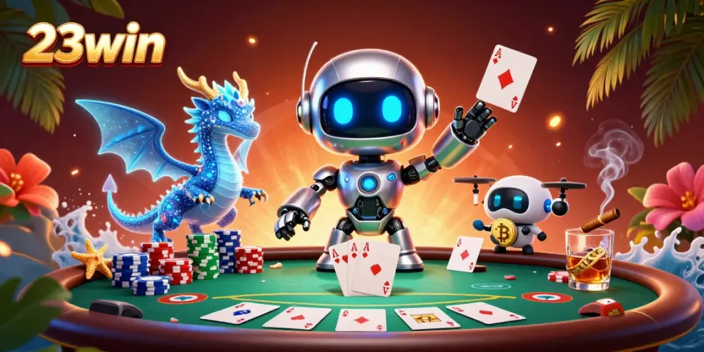 Engage with exciting gameplay at 23win featuring neon robots and poker chips