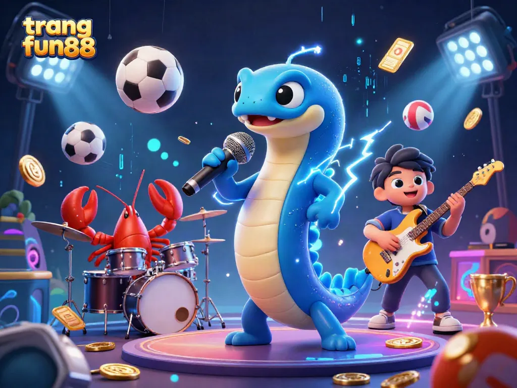 Experience engaging entertainment at trang fun88 with a vibrant underwater casino performance featuring electric eel DJ, lobster drummer, and seahorse guitarist.